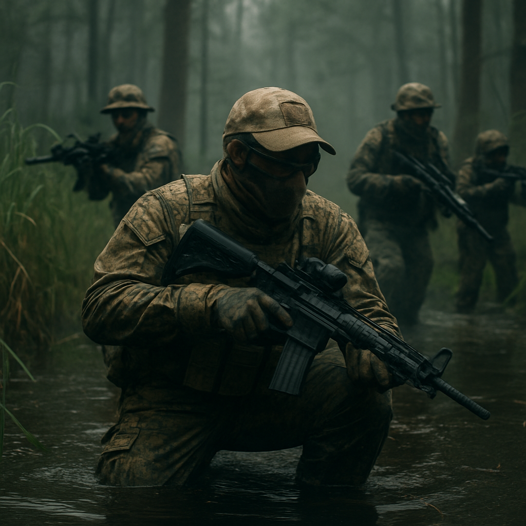Airsoft players advancing through a misty marsh forest